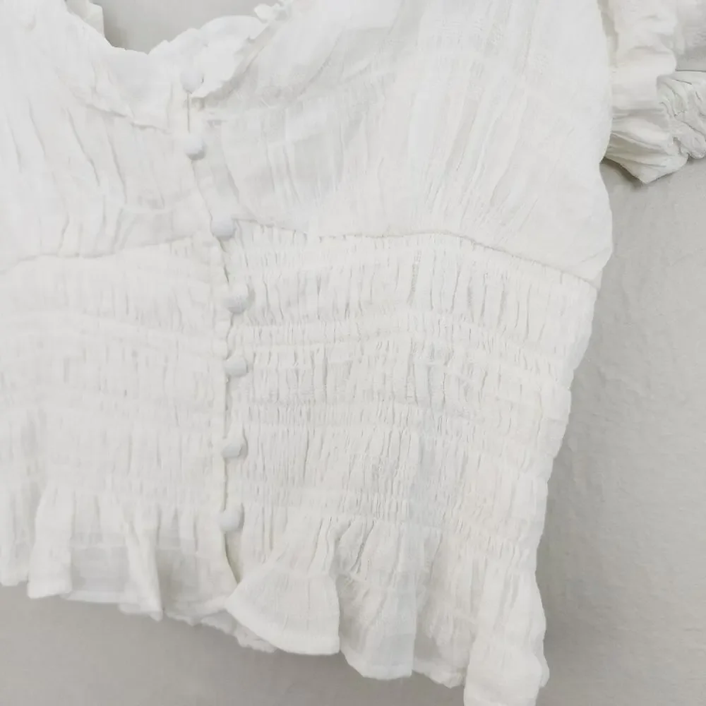 ASTR the Label Anza White Smocked Ruffle Puff Sleeve Top Sweetheart NWOT Large
